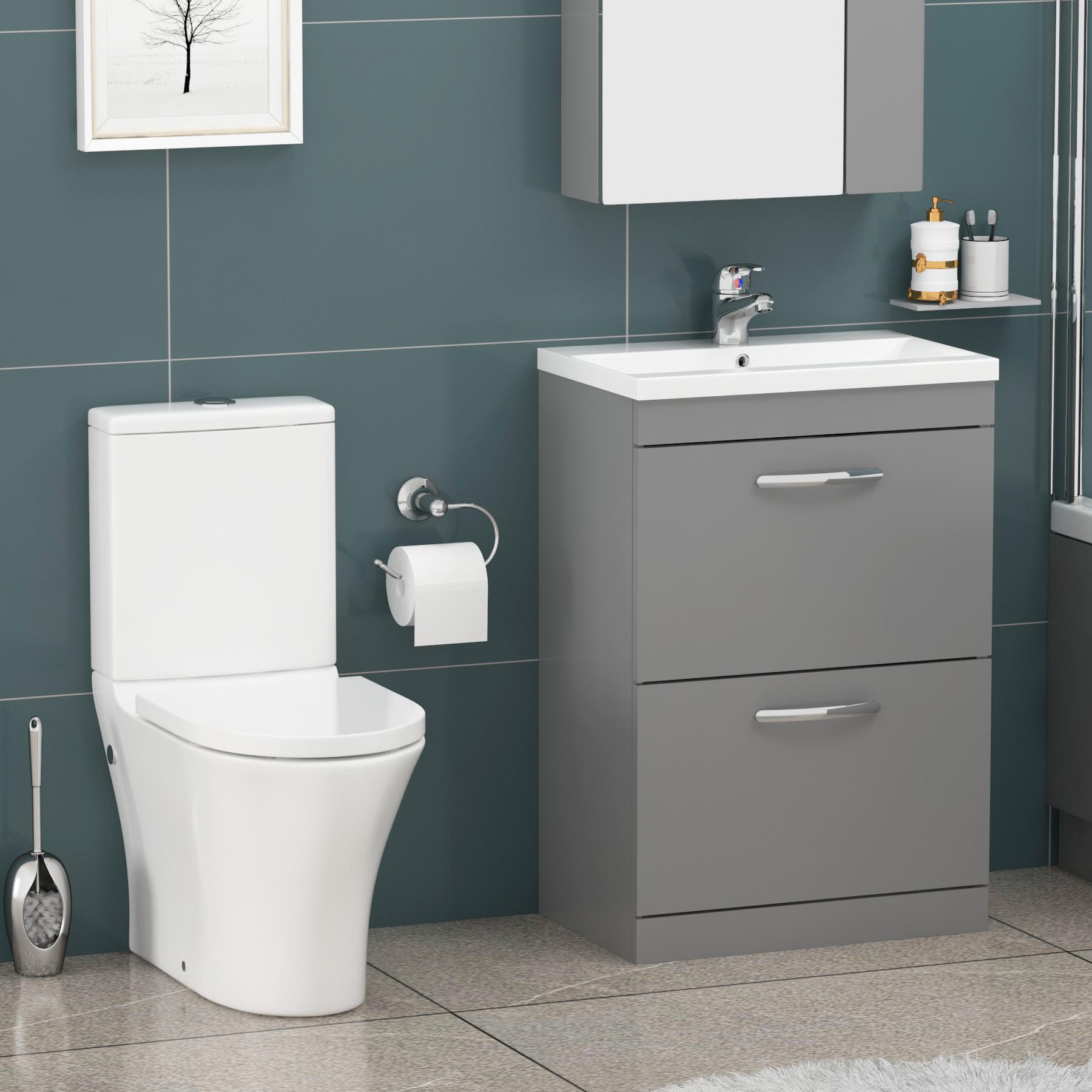 1800 X 800mm Cesar Square Single Ended Bath + Rimless Close Coupled Toilet & Grey Gloss Vanity Unit Basin