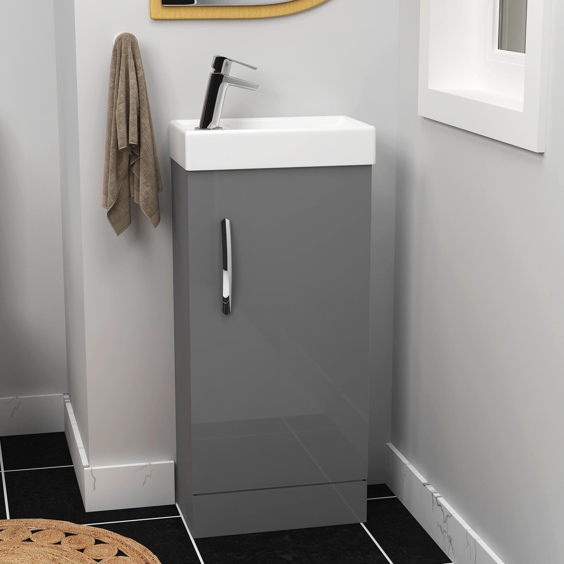 Cloakroom Suite 400mm Indigo Grey Gloss 1 Door Floor Standing Vanity Unit Basin with Cesar Rimless Toilet - Slim