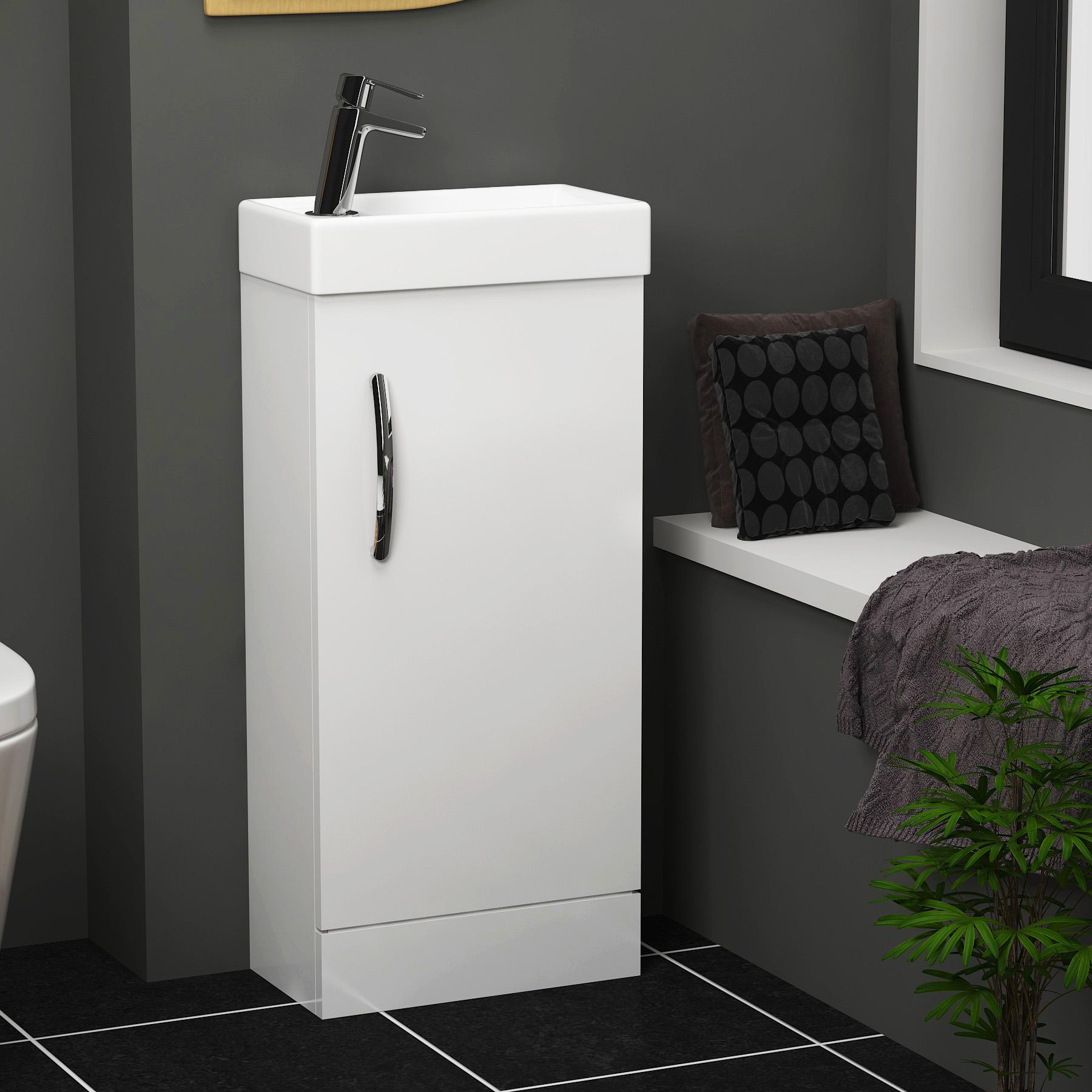 Cloakroom Suite 400mm Gloss White 1 Door Floor Standing Vanity Unit Basin With Cesar Rimless Toilet