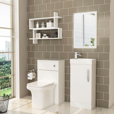Cloakroom Suite Gloss White 400mm 1 Door Vanity Unit and BTW WC Unit with Crosby Slim Pan