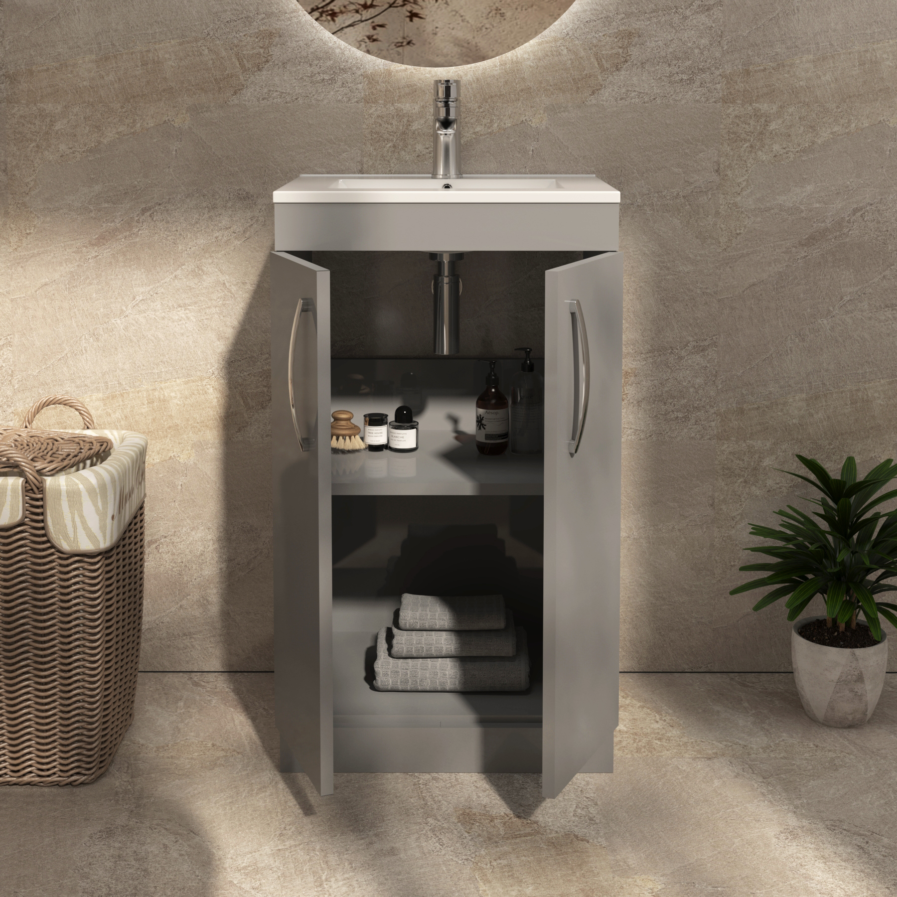 Cloakroom Suite 500mm Indigo Grey Gloss 2 Door Floor Standing Vanity Unit Basin with Cesar Toilet