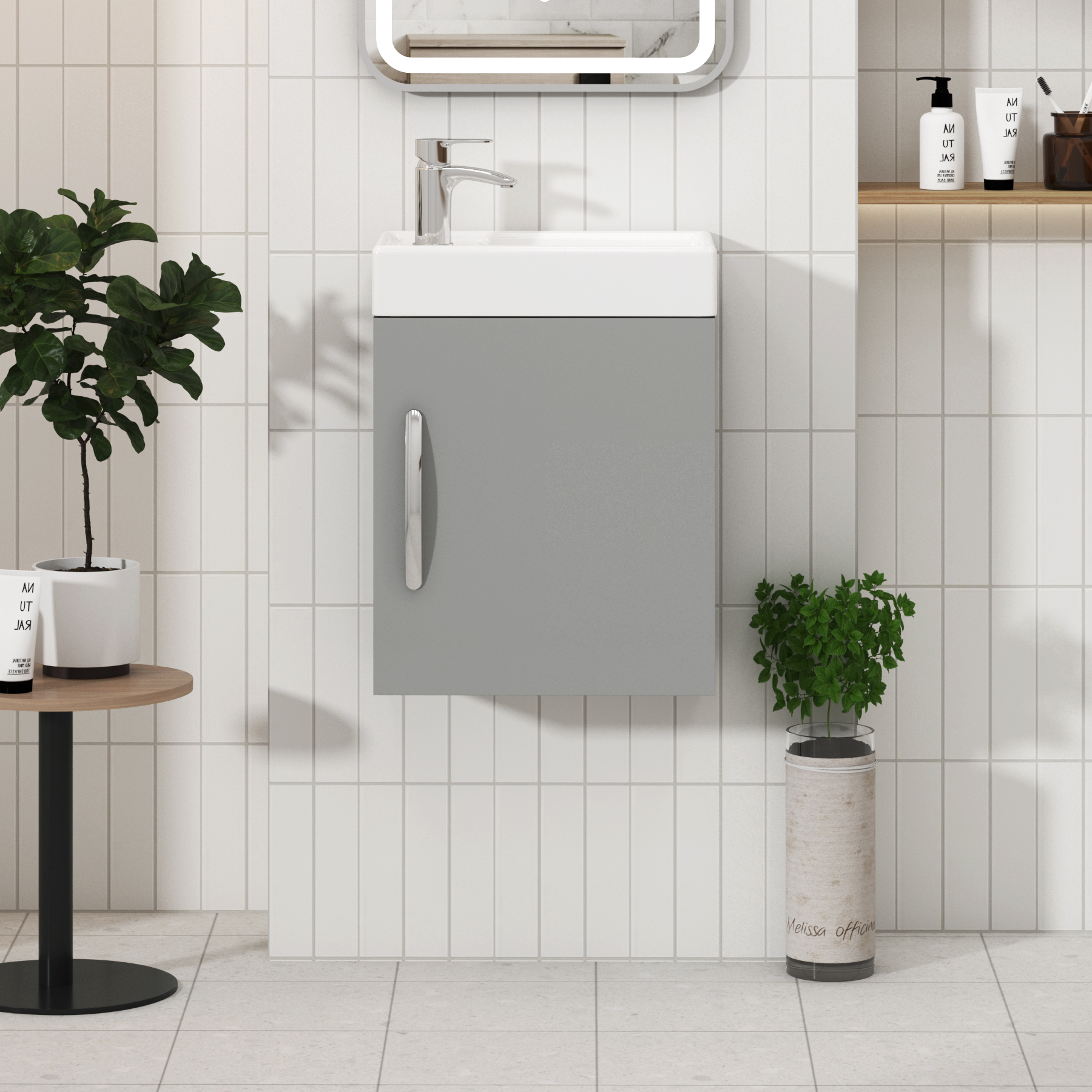 Cloakroom Suite 400mm Indigo Grey Gloss 1 Door Wall Hung Vanity Unit Basin with Cesar Rimless Toilet