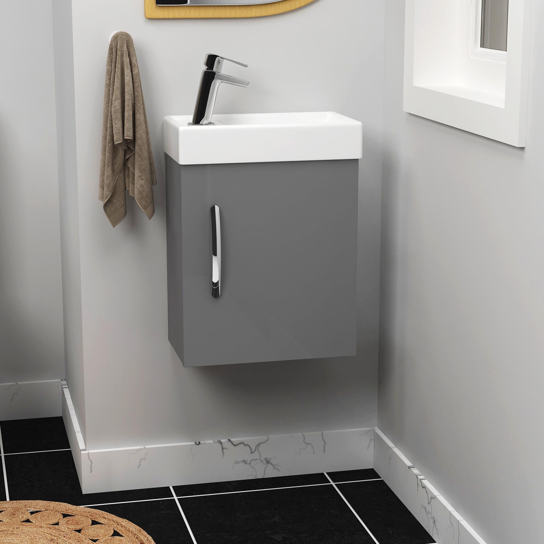 Cloakroom Suite 400mm Indigo Grey Gloss 1 Door Wall Hung Vanity Unit Basin with Cesar Rimless Toilet - Slim