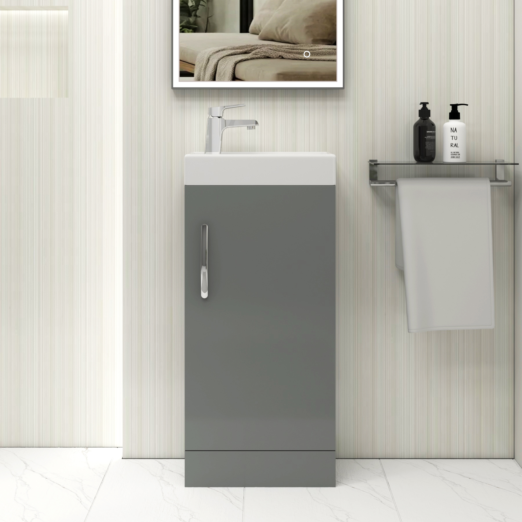 Cloakroom Suite Indigo Grey Gloss 400mm 1 Door Vanity Unit and BTW WC Unit with Elena Pan