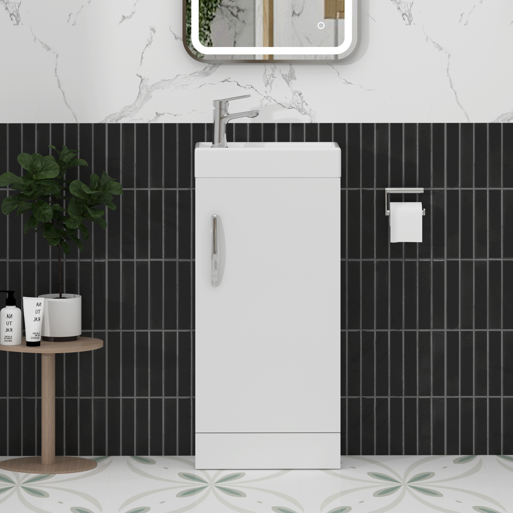 Cloakroom Suite Gloss White 400mm 1 Door Vanity Unit and BTW WC Unit with Qubix Pan