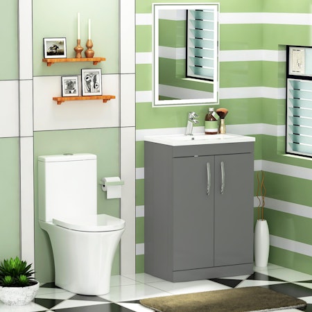 Cloakroom Suite 500mm Indigo Grey Gloss 2 Door Floor Standing Vanity Unit Basin With Amaze Rimless Toilet & Soft Close Seat
