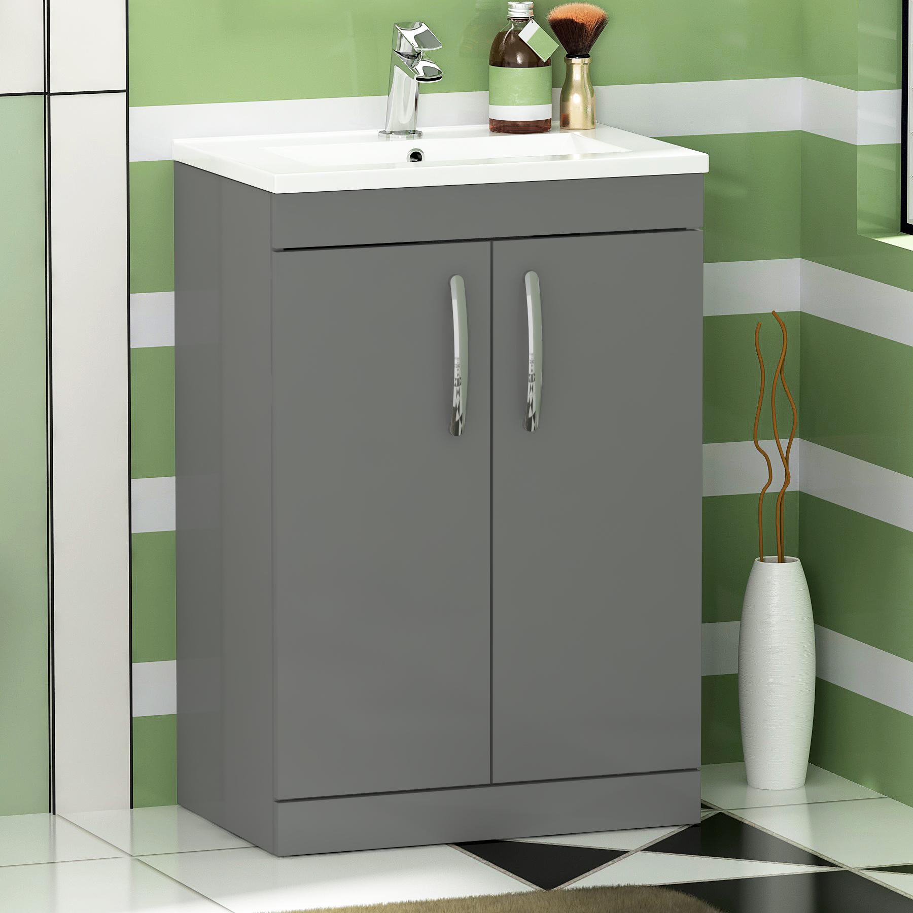 Cloakroom Suite 500mm Indigo Grey Gloss 2 Door Floor Standing Vanity Unit Basin With Amaze Rimless Toilet & Soft Close Seat