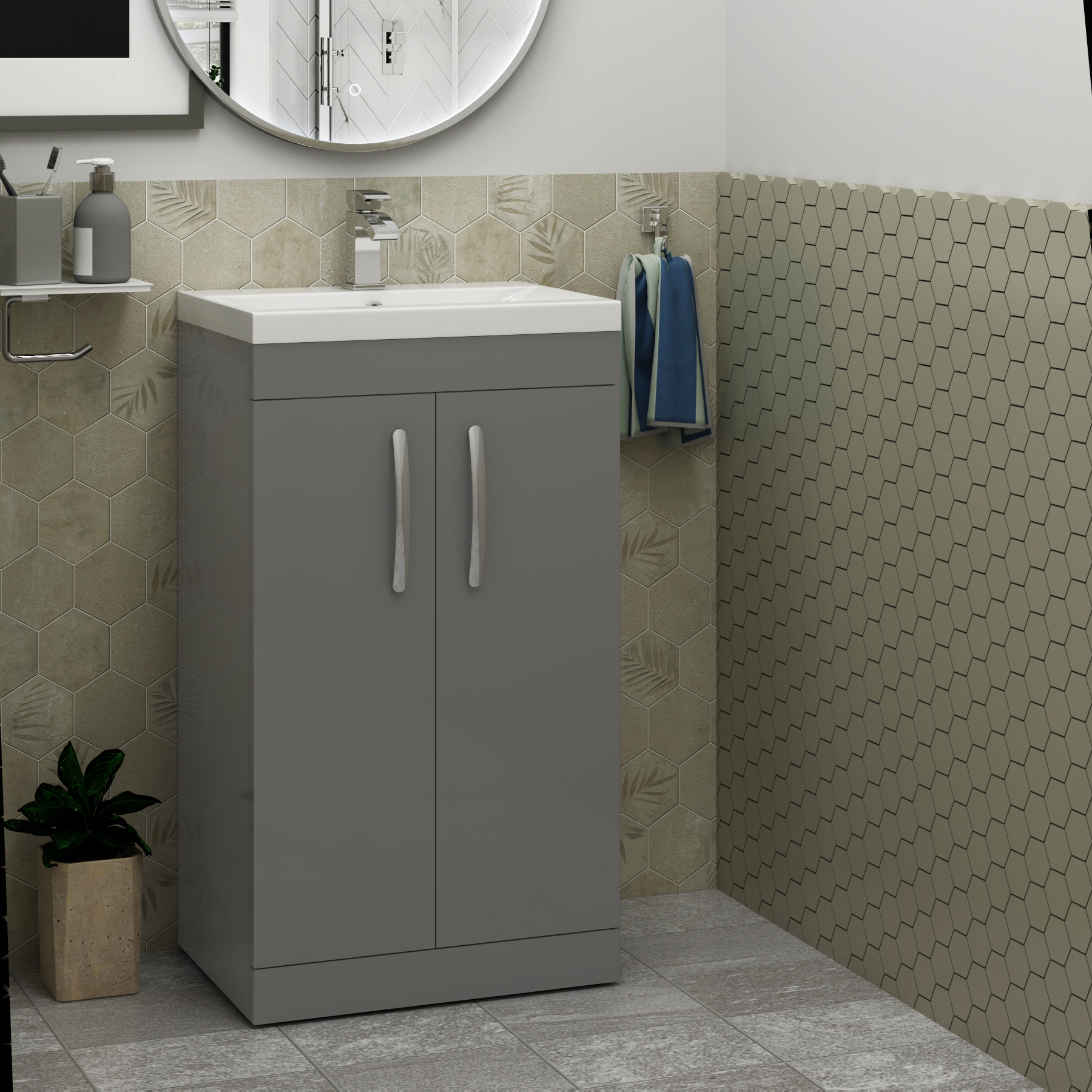 Cloakroom Suite 500mm Indigo Grey Gloss 2 Door Floor Standing Vanity Unit Basin With Amaze Rimless Toilet & Slim Soft Close Seat