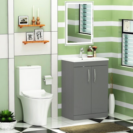 Cloakroom Suite 500mm Indigo Grey Gloss 2 Door Floor Standing Vanity Unit Basin With Amaze Rimless Toilet & Slim Soft Close Seat