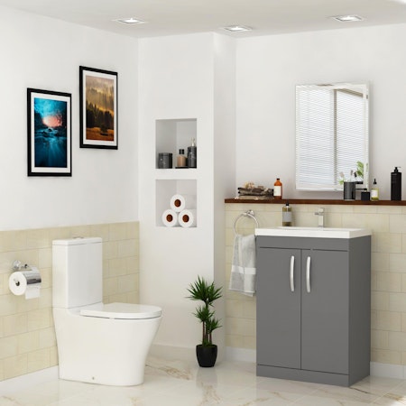 Cloakroom Suite 500mm Indigo Grey Gloss 2 Door Floor Standing Vanity Unit Basin With Peak Rimless Close Coupled Toilet & Soft Close Seat