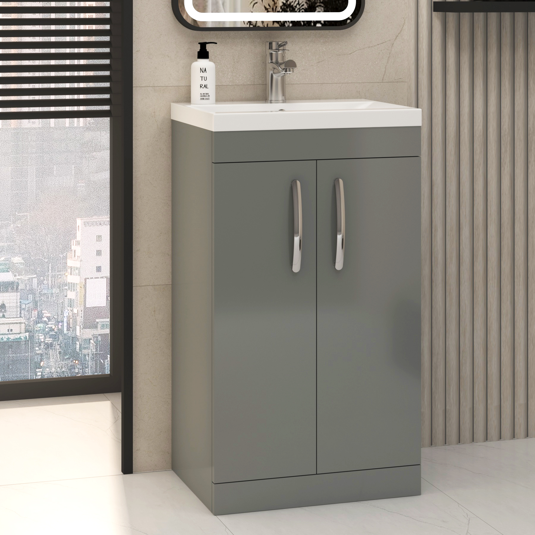 Cloakroom Suite 500mm Indigo Grey Gloss 2 Door Floor Standing Vanity Unit Basin With Peak Rimless Close Coupled Toilet & Soft Close Seat