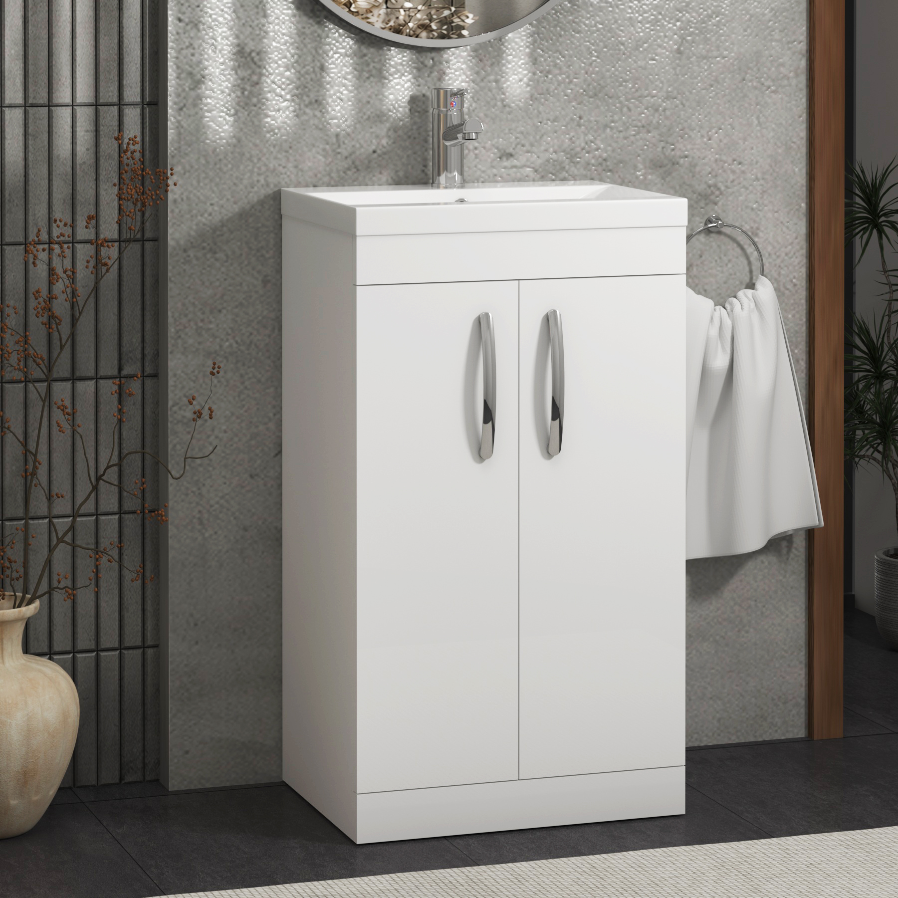 Cloakroom Suite 500mm Gloss White 2 Door Floor Standing Vanity Unit Basin With Elena Close Coupled Toilet & Slim Soft Close Seat
