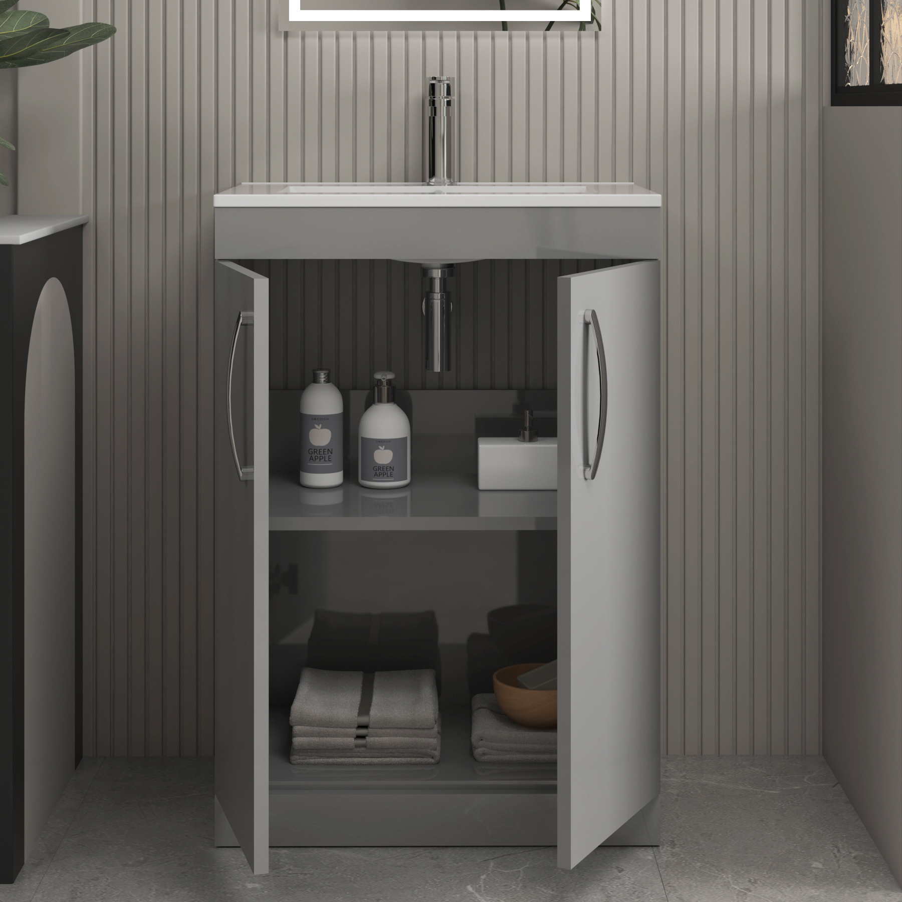 Cloakroom Suite 600mm Indigo Grey Gloss 2 Door Floor Standing Vanity Unit Basin With Elite Rimless Toilet & Slim Soft Close Seat