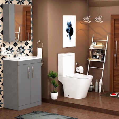 Cloakroom Suite 600mm Indigo Grey Gloss 2 Door Floor Standing Vanity Unit Basin With Elite Rimless Toilet & Slim Soft Close Seat