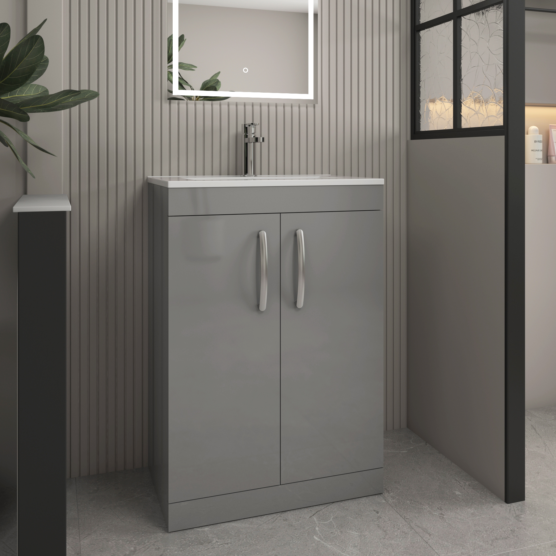 Cloakroom Suite 600mm Indigo Grey Gloss 2 Door Floor Standing Vanity Unit Basin With Elite Rimless Toilet & Slim Soft Close Seat