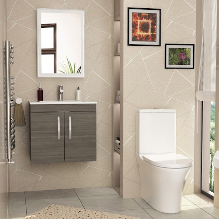 Cloakroom Suite 500mm Grey Elm 2 Door Wall Hung Vanity Unit Basin With Peak Rimless Close Coupled Toilet & Soft Close Seat