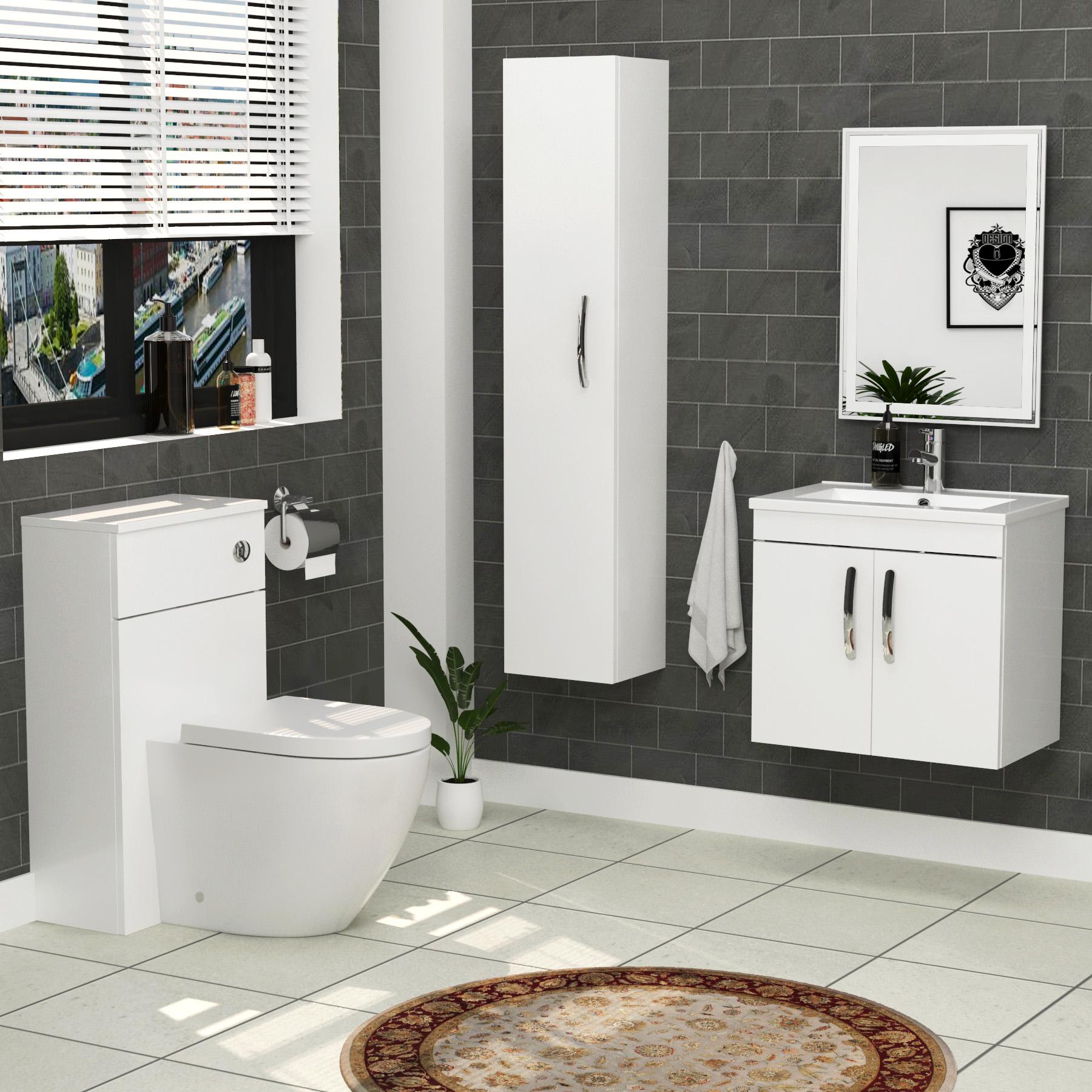 Small Bathroom Suites 600mm Gloss White 2 Door Wall Hung Vanity Unit Basin With BTW WC Unit ...