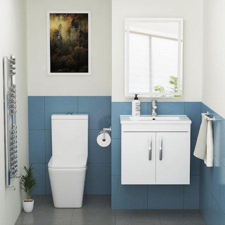 Cloakroom Suite 600mm Gloss White 2 Door Wall Hung Vanity Unit Basin With Elena Rimless Close Coupled Toilet & Soft Close Seat