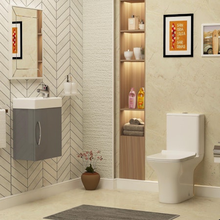 Cloakroom Suite 400mm Indigo grey Gloss 1 Door Wall Hung Vanity Unit Basin & Cube Rimless Toilet - Slim