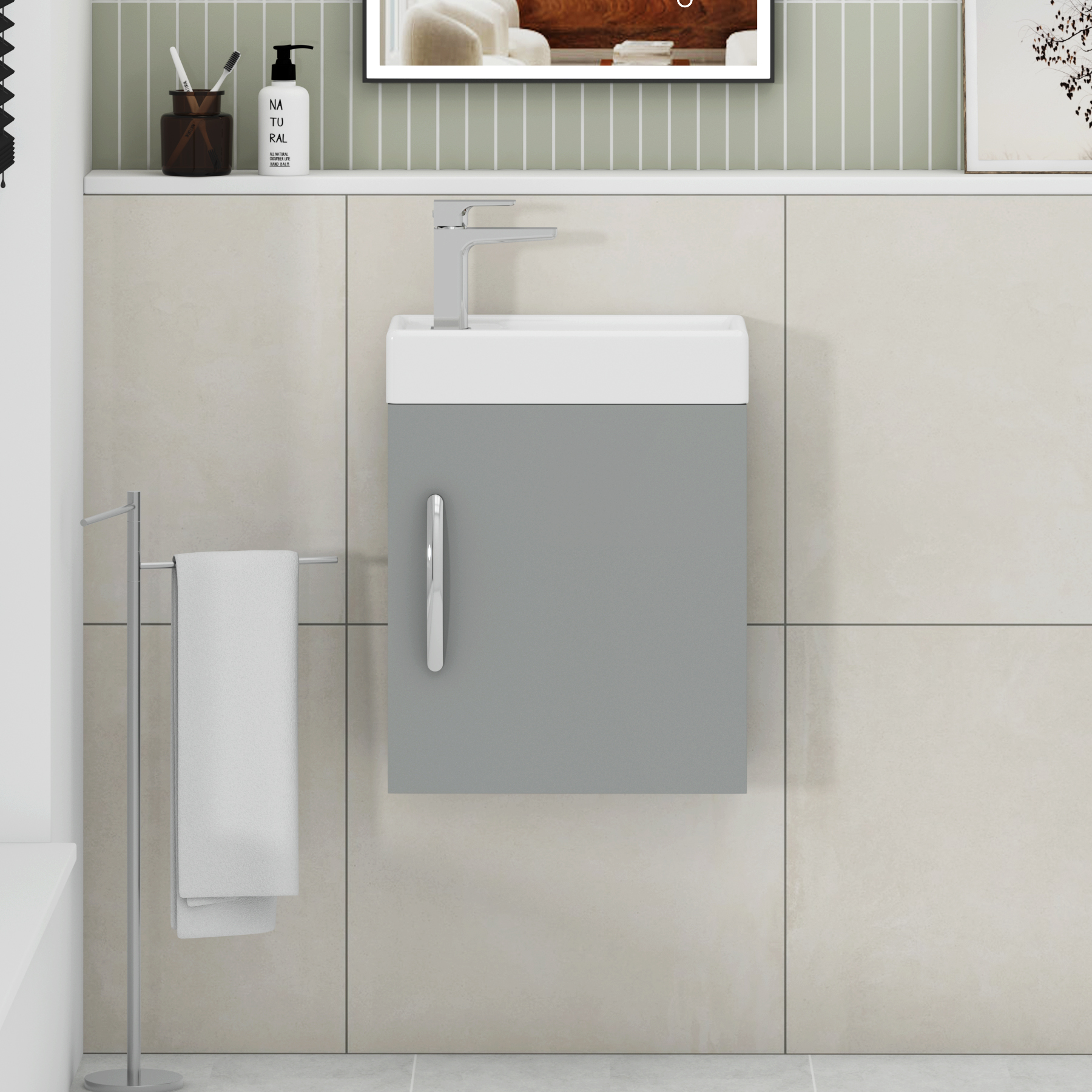 Cloakroom Suite 400mm Indigo grey Gloss 1 Door Wall Hung Vanity Unit Basin & Cube Rimless Toilet - Slim