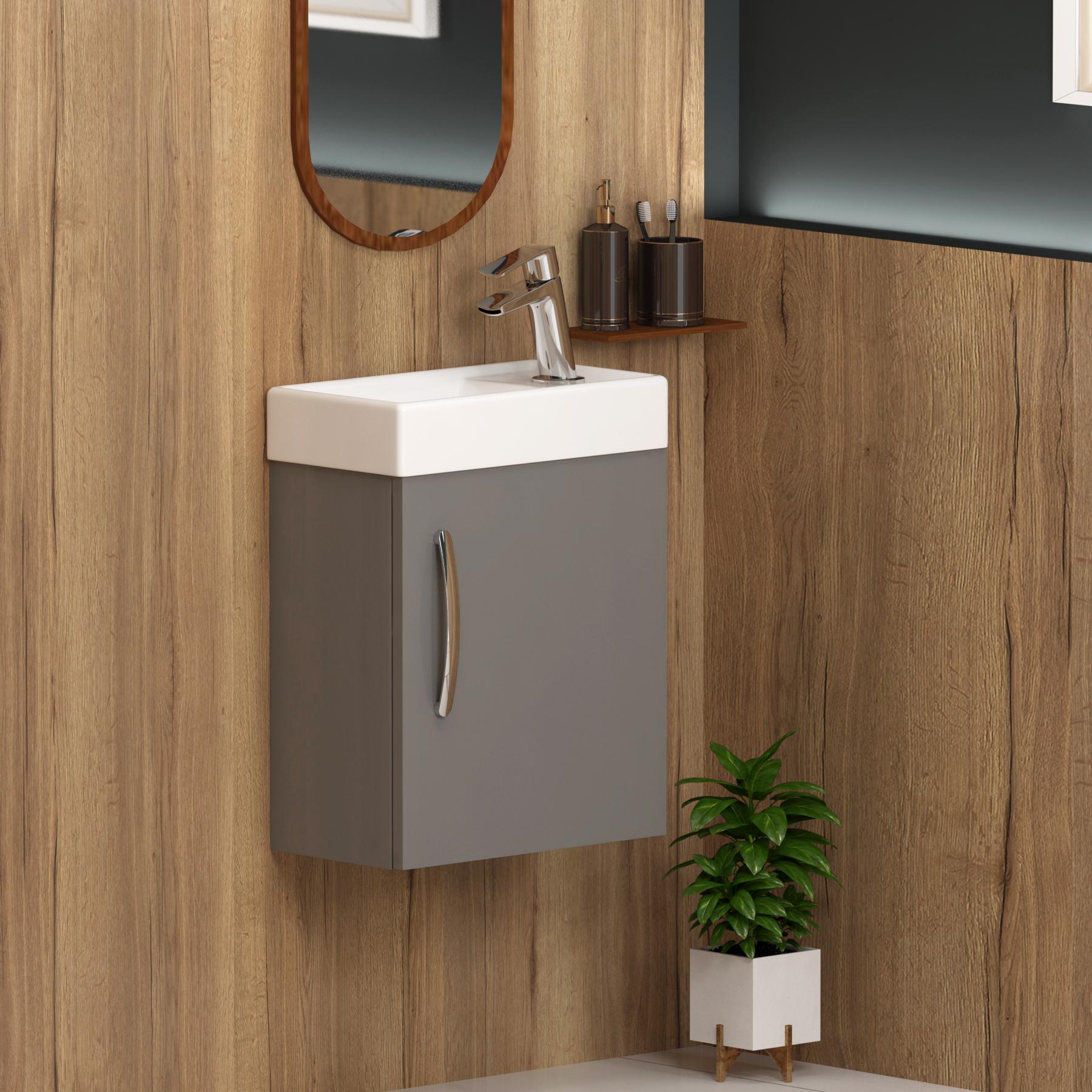 Cloakroom Suite Indigo Grey Gloss 400mm 1 Door Wall Hung Vanity Unit with BTW WC Unit & Cesar Toilet Pack - Slim