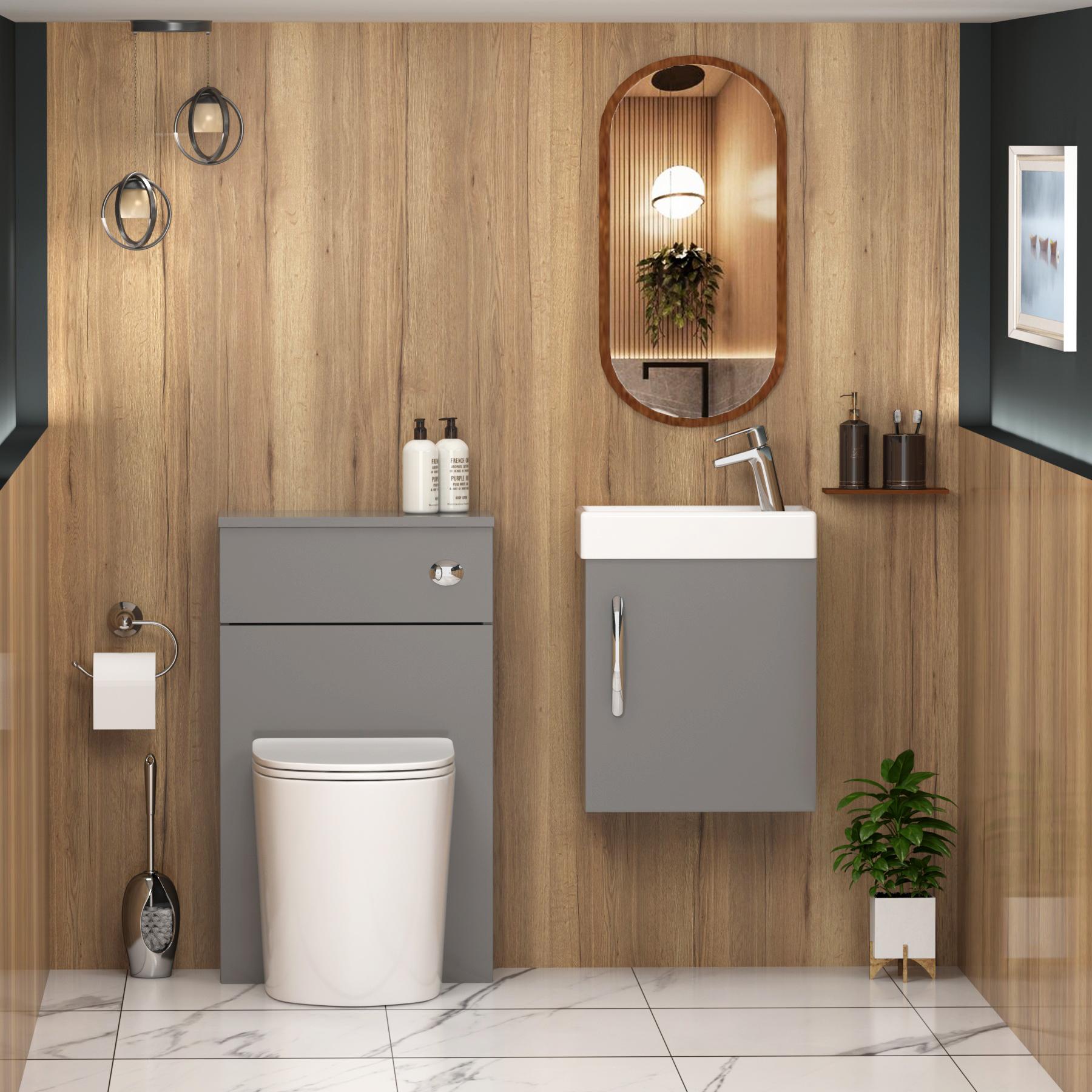 Cloakroom Suite Indigo Grey Gloss 400mm 1 Door Wall Hung Vanity Unit with BTW WC Unit Cesar Toilet Pack Slim Royal Bathrooms