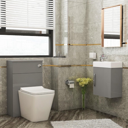 Cloakroom Suite Indigo Grey Gloss 400mm 1 Door Wall Hung Vanity Unit with BTW WC Unit & Elena Toilet Pack