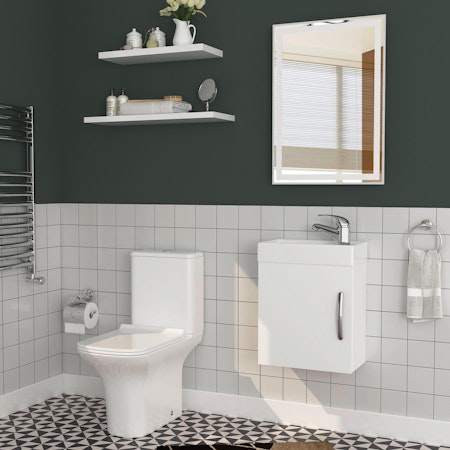 Cloakroom Suite 400mm Gloss White 1 Door Wall Hung Vanity Unit Basin & Cube Rimless Toilet - Slim