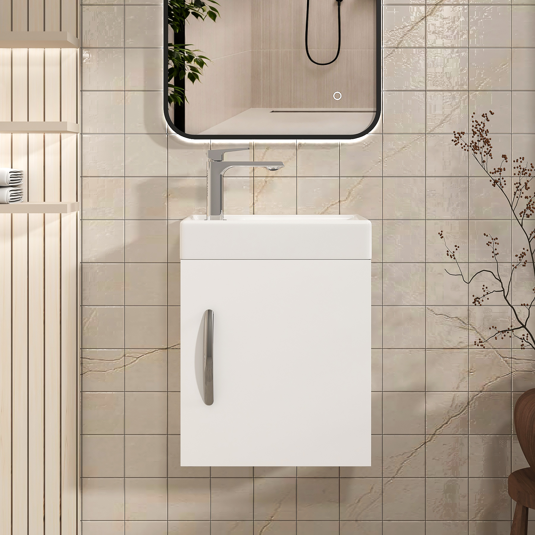 Cloakroom Suite 400mm Gloss White 1 Door Wall Hung Vanity Unit Basin & Cube Rimless Toilet - Slim