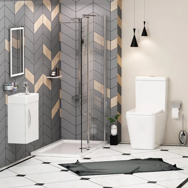Cloakroom Suite 400mm Gloss White 1 Door Wall Hung Vanity Unit Basin & Elena Rimless Toilet - Optional seat