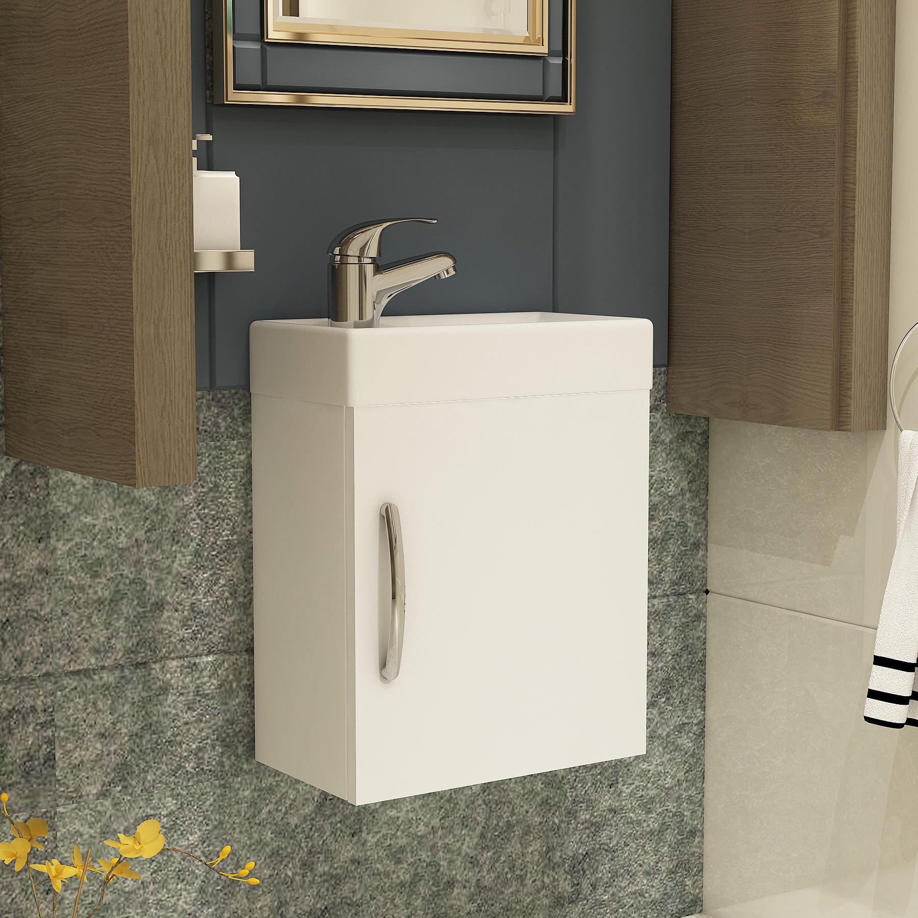 Cloakroom Suite 400mm Gloss White 1 Door Wall Hung Vanity Unit Basin & Elva Rimless Toilet - Slim