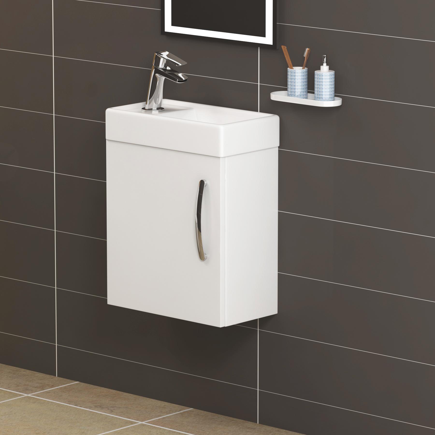 Cloakroom Suite Gloss White 400mm 1 Door Wall Hung Vanity Unit with BTW WC Unit & Cesar Toilet Pack - Slim