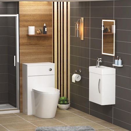 Cloakroom Suite Gloss White 400mm 1 Door Wall Hung Vanity Unit with BTW WC Unit & Cesar Toilet Pack