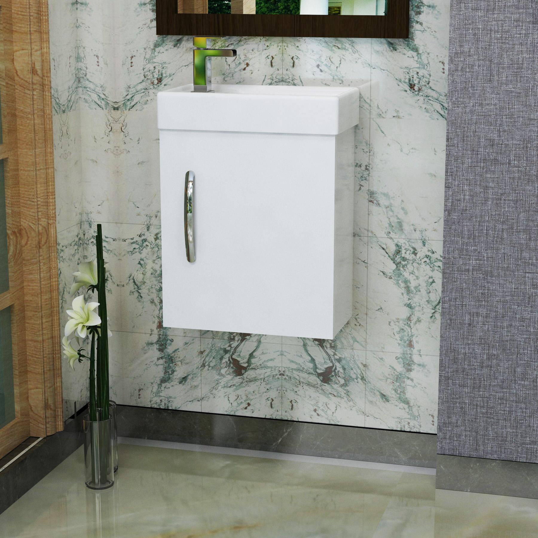 Cloakroom Suite Gloss White 400mm 1 Door Wall Hung Vanity Unit with BTW WC Unit & Qubix Toilet Pack