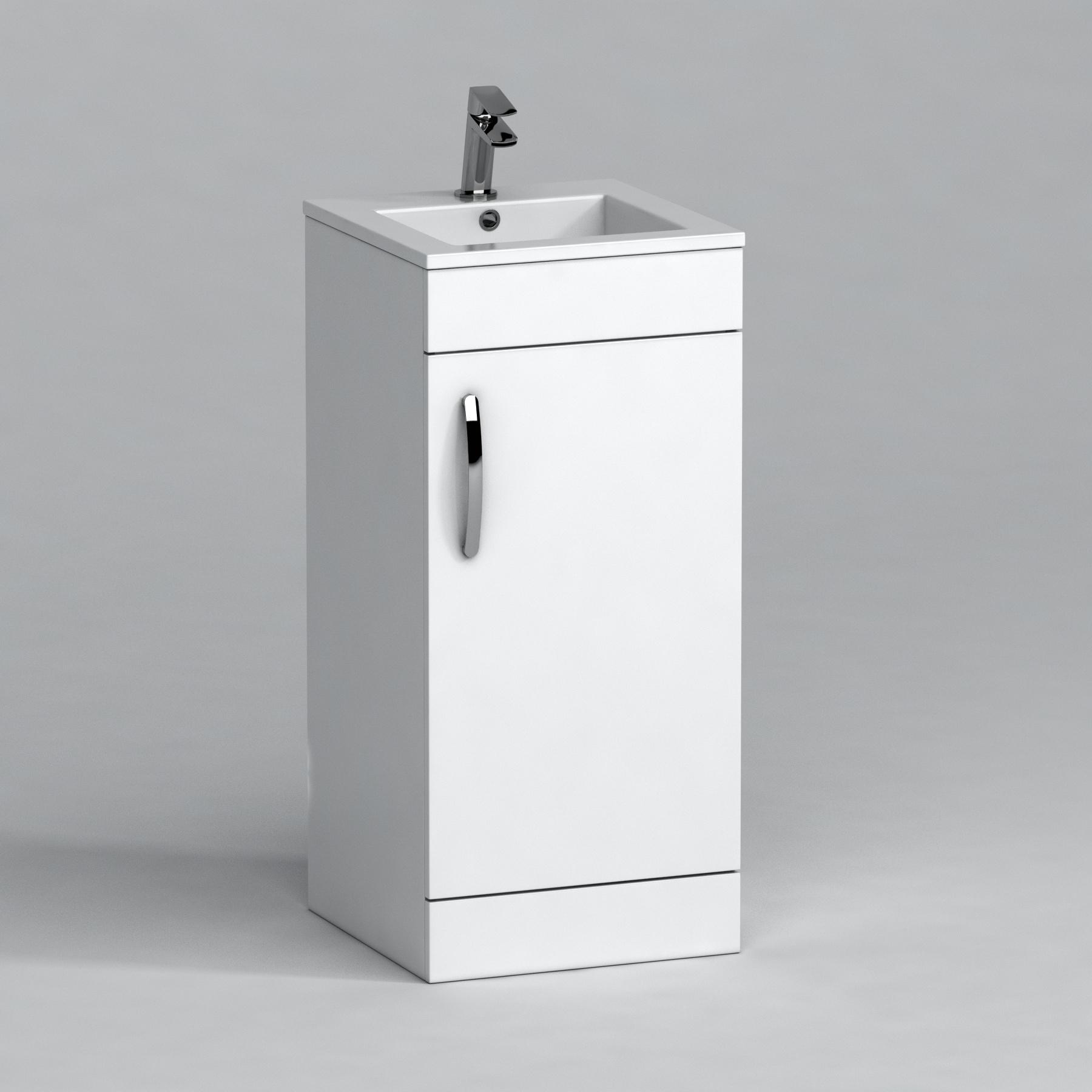 Cloakroom Suite 400mm Gloss White 1 Door Floor Standing Vanity Unit with BTW Toilet Pack - Turin