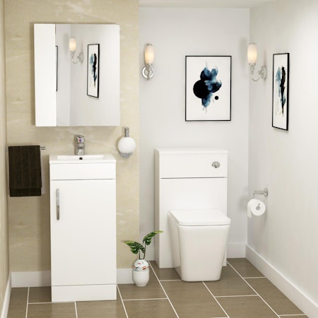 Cloakroom Suite 400mm Gloss White Floor Standing 1 Door Vanity Unit with BTW Toilet Pack - Turin