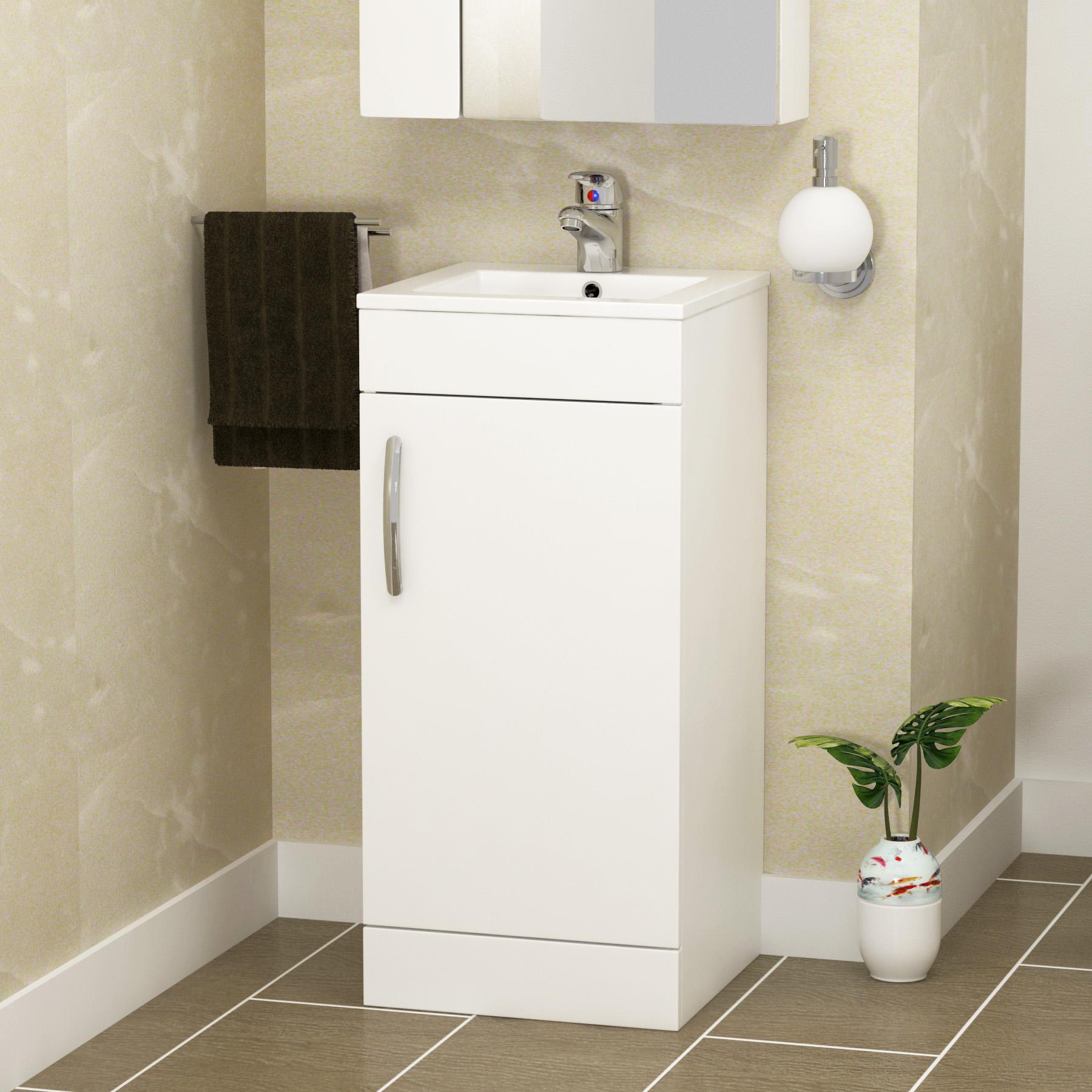 Cloakroom Suite 400mm Gloss White Floor Standing 1 Door Vanity Unit with BTW Toilet Pack - Turin