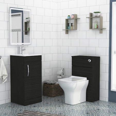 Cloakroom Suite 400mm Hale Black 1 Door Floor Standing Vanity Unit with BTW Toilet Pack - Turin