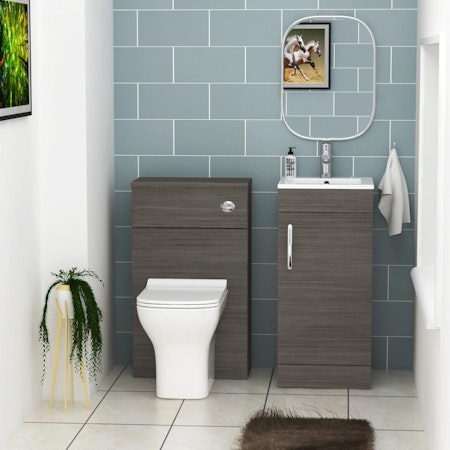 Cloakroom Suite 400mm Grey Elm 1 Door Floor Standing Vanity Unit with BTW Toilet Pack - Turin