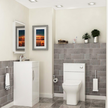 Cloakroom Suite 400mm Gloss White 1 Door Floor Standing Vanity Unit with BTW Toilet Pack - Turin