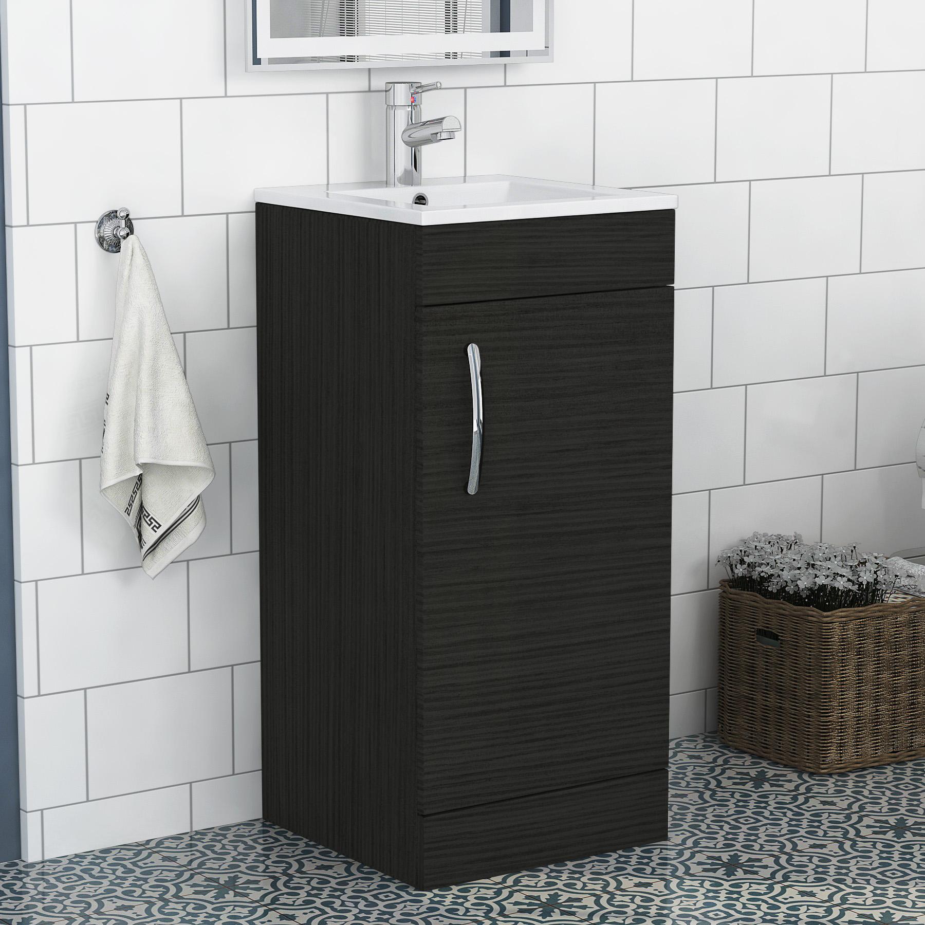 Cloakroom Suite 400mm Hale Black 1 Door Floor Standing Vanity Unit with BTW Toilet Pack - Turin