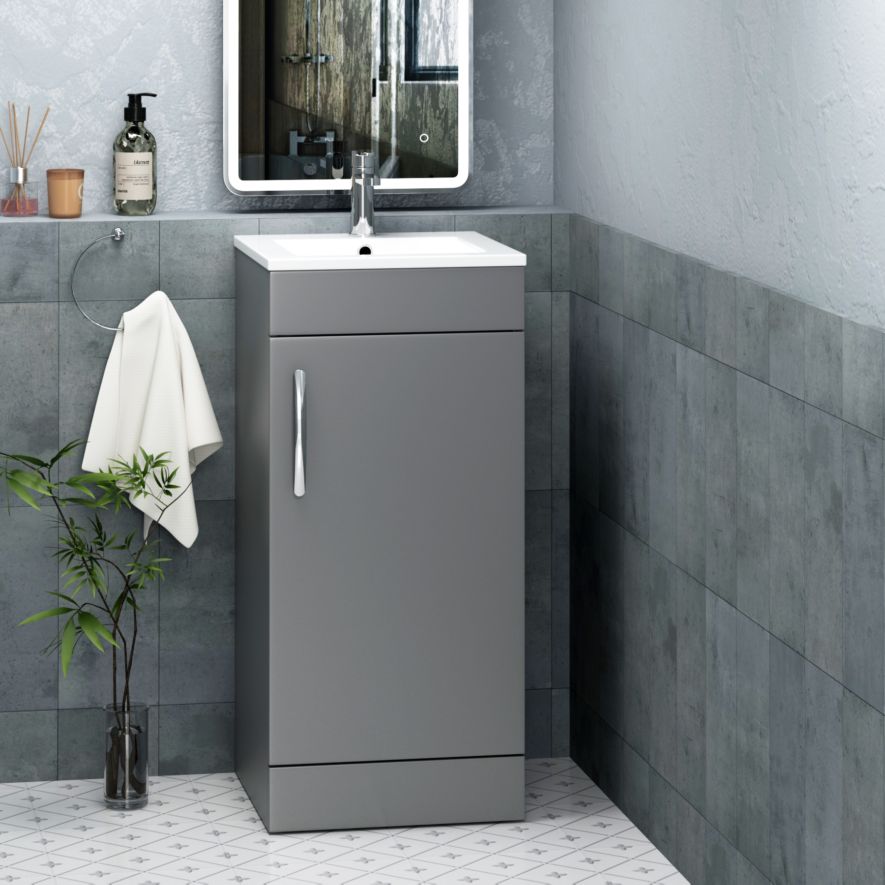 Cloakroom Suite 400mm Indigo Grey Gloss 1 Door Floor Standing Vanity Unit with BTW Toilet Pack - Turin