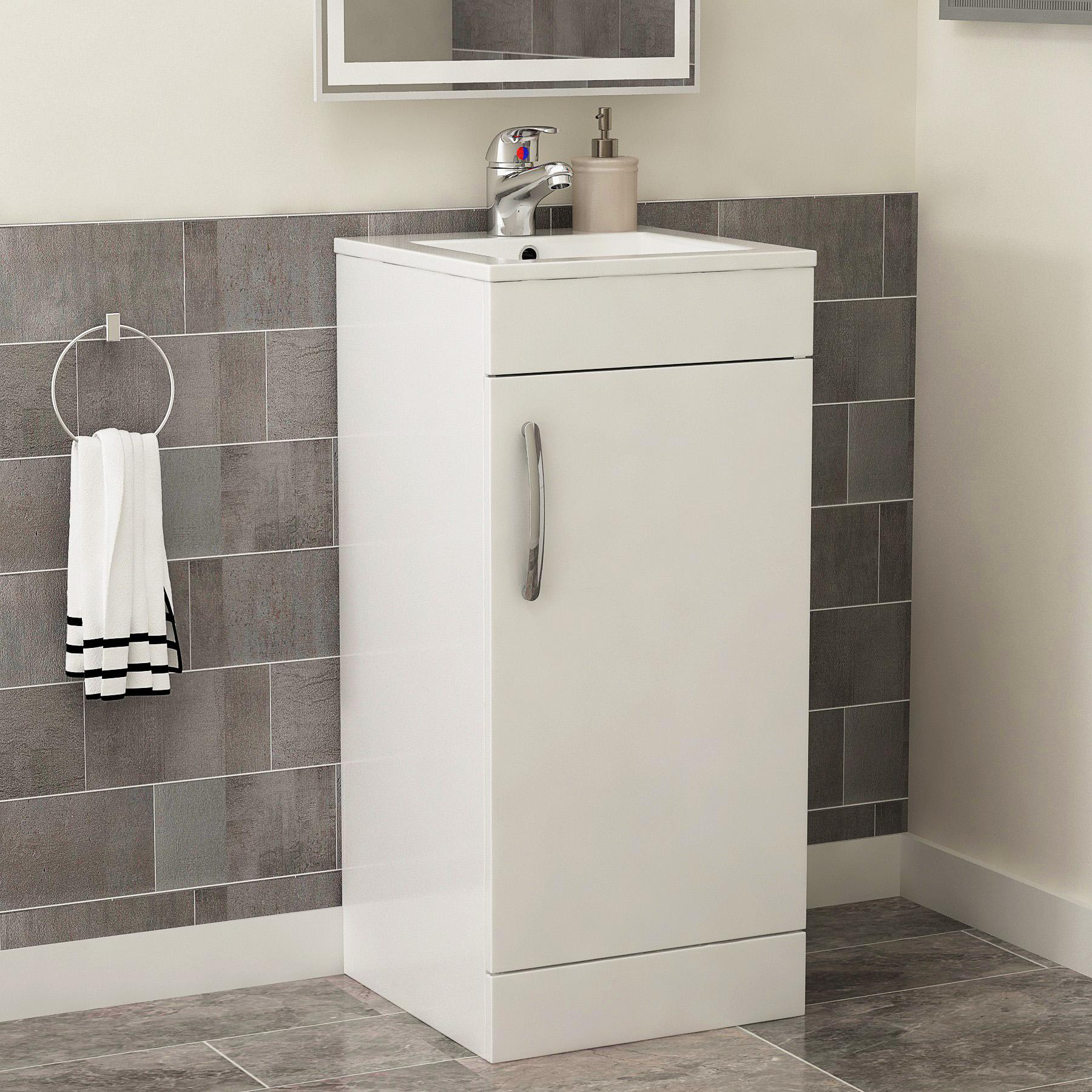 Cloakroom Suite 400mm Gloss White 1 Door Floor Standing Vanity Unit with BTW Toilet Pack - Turin