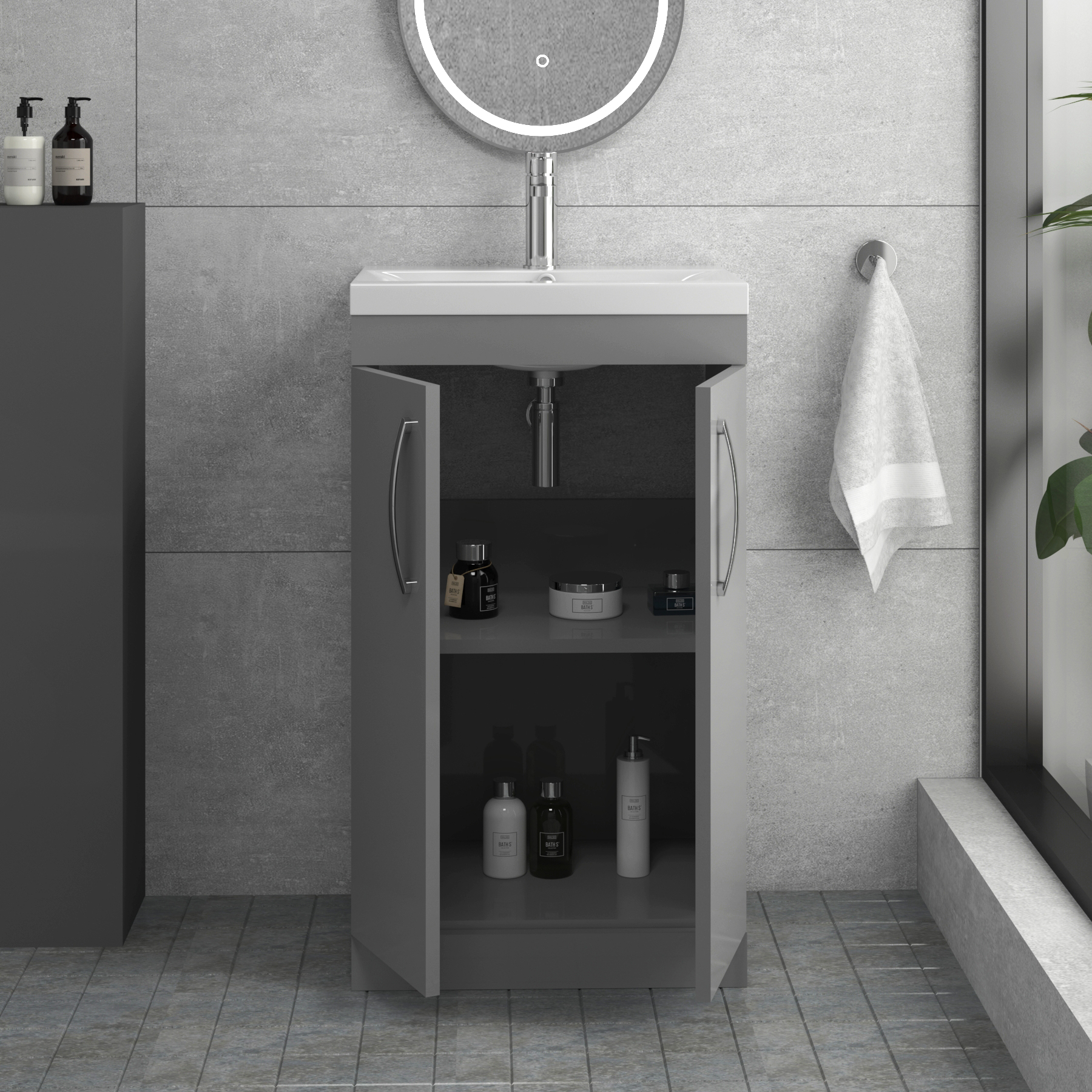 Cloakroom Suite 500mm Indigo Grey Gloss 2 Door Floor Standing Vanity Unit Basin With Elite Rimless Toilet - Slim