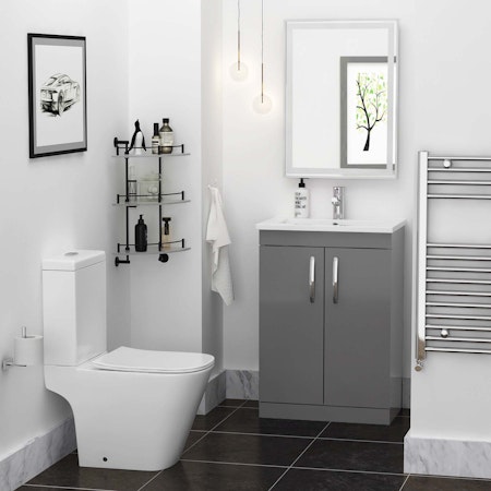 Cloakroom Suite 500mm Indigo Grey Gloss 2 Door Floor Standing Vanity Unit Basin With Elite Rimless Toilet - Slim