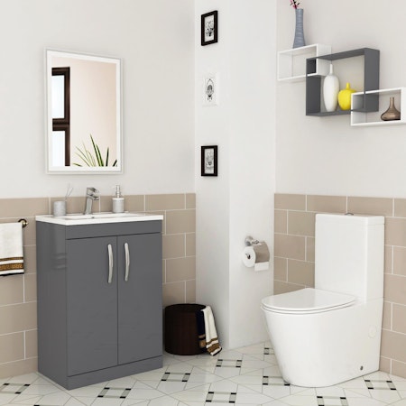 Turin 500mm Indigo Grey Gloss 2-Door Vanity Unit with Cesar Close Coupled Toilet - Slim