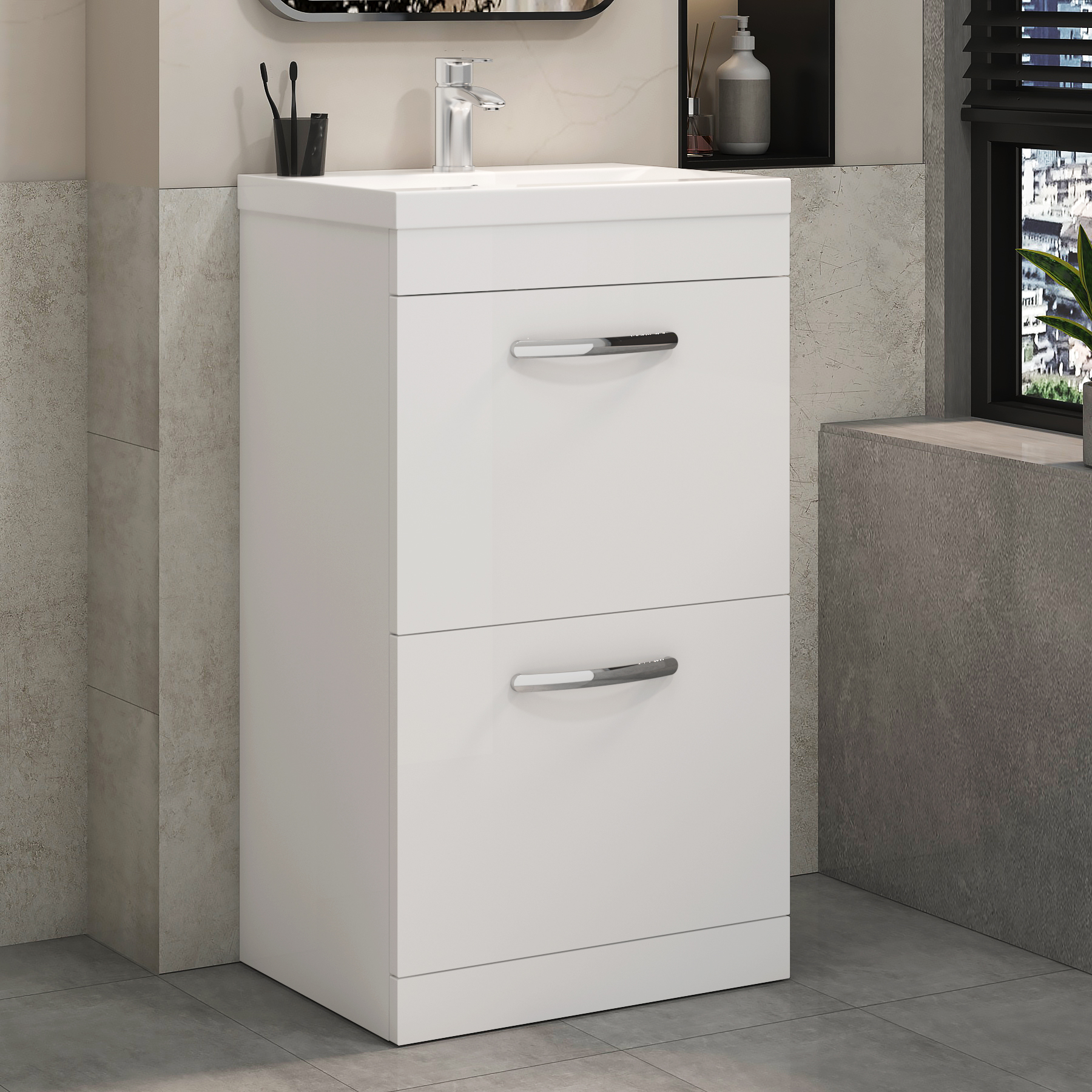 Turin 500mm Gloss White 2-Drawer Vanity Unit with Minimalist Basin and Close Coupled Toilet - Slim