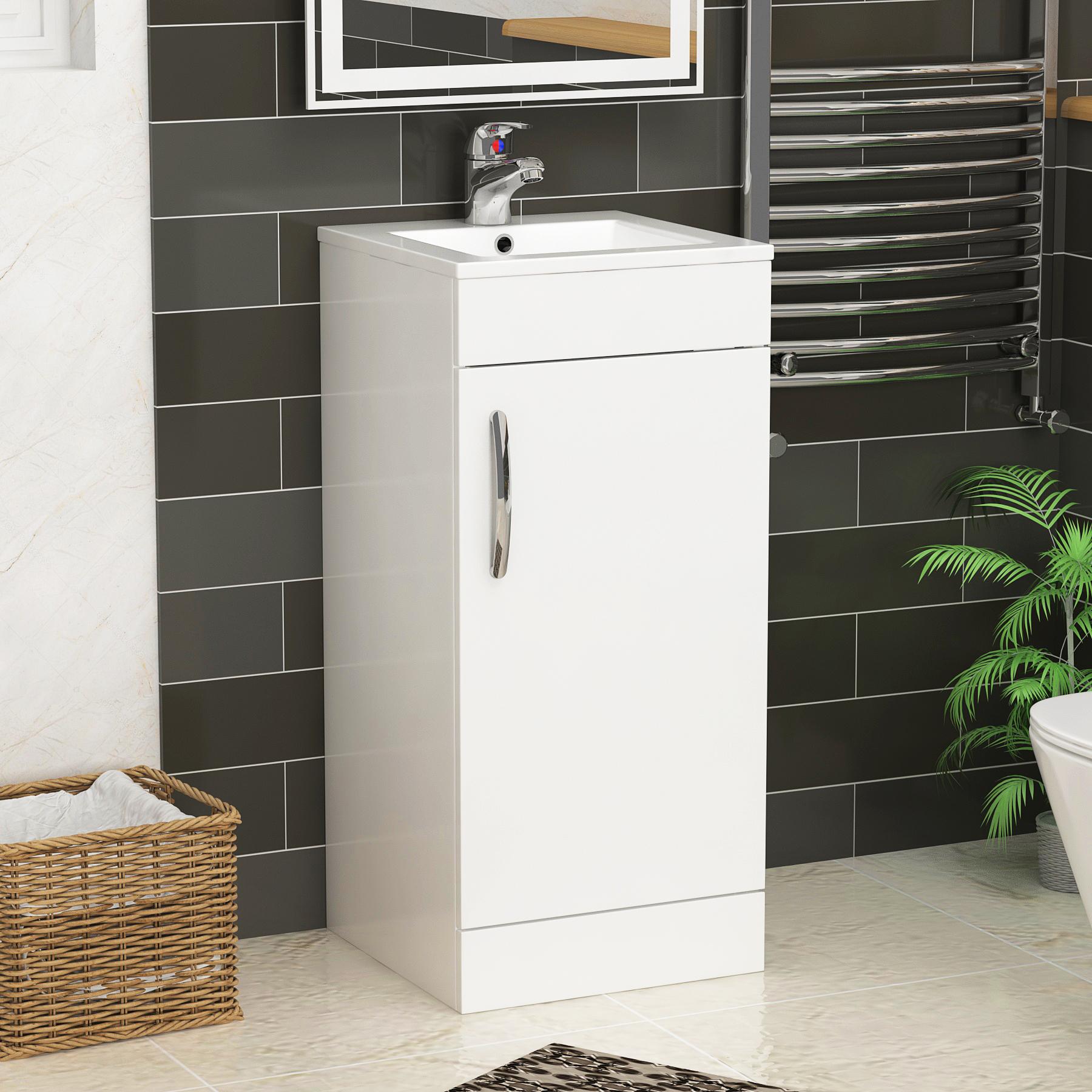 Cloakroom Suite 400mm Gloss White 1 Door Floor Standing Vanity Unit Basin With Elite Rimless Toilet - Slim