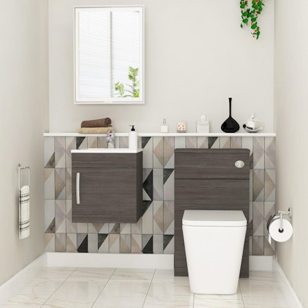 Cloakroom Suite 400mm Grey Elm Wall Hung 1 Door Vanity Unit with BTW Toilet Pack - Turin