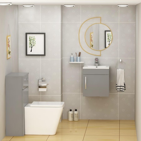 Cloakroom Suite 400mm Indigo Grey Gloss Wall Hung 1 Door Vanity Unit with BTW Toilet Pack - Turin